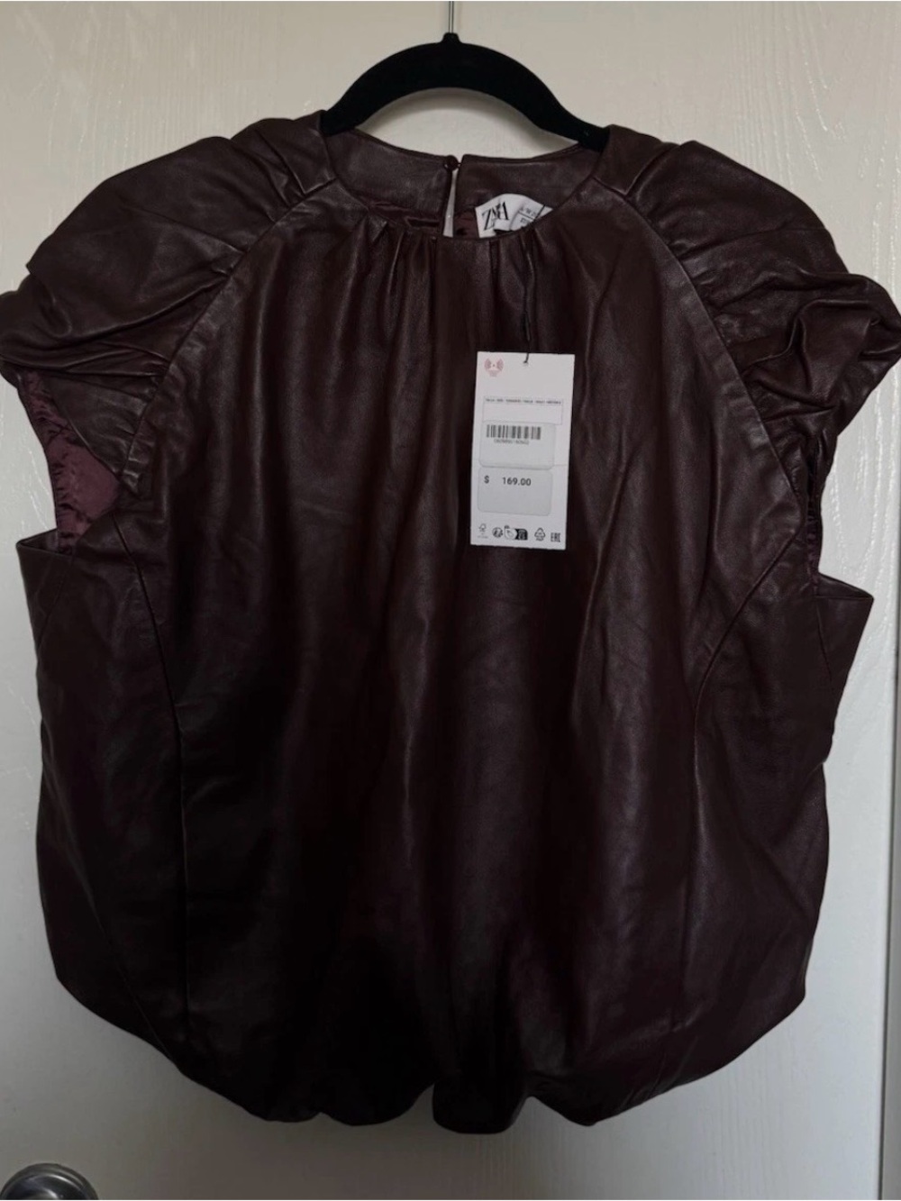 Zara Burgundy Genuine 100% Sheep Leather Puff Sleeve Blouse Top Limited Edition.